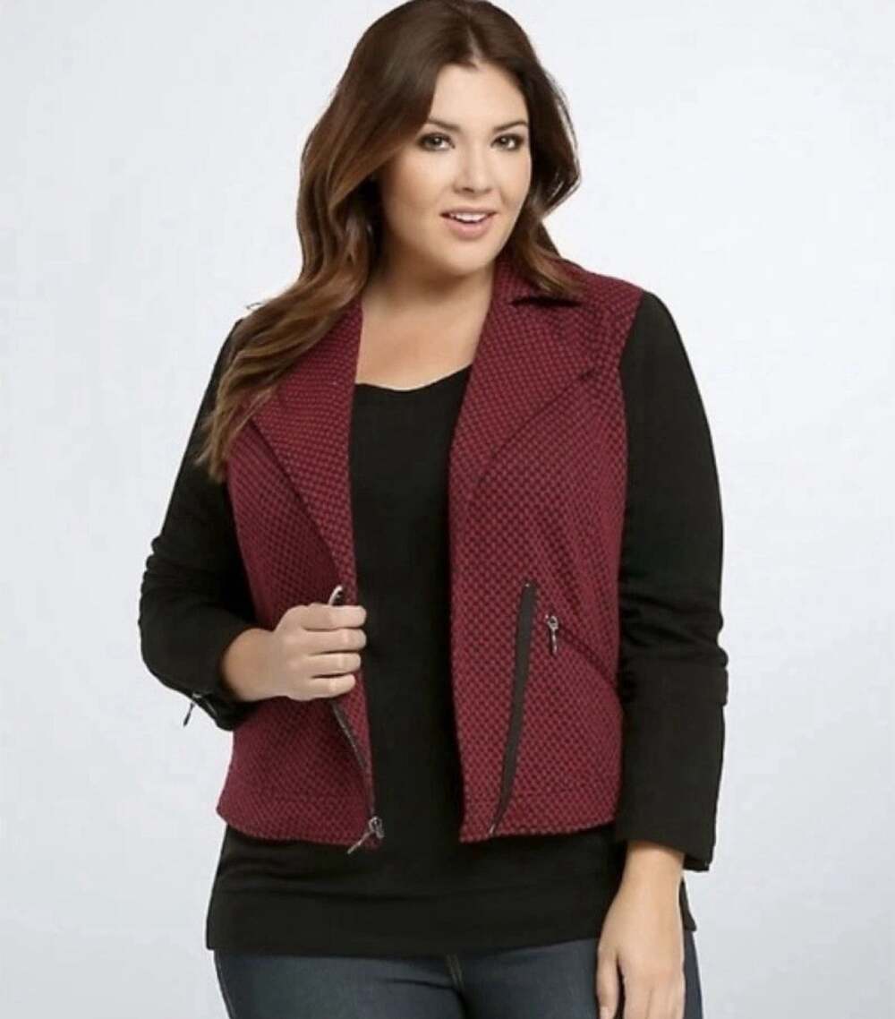 TORRID Asymmetrical Moto Knit Blazer 4 (4X) 26/28 Light Jacket Check Black